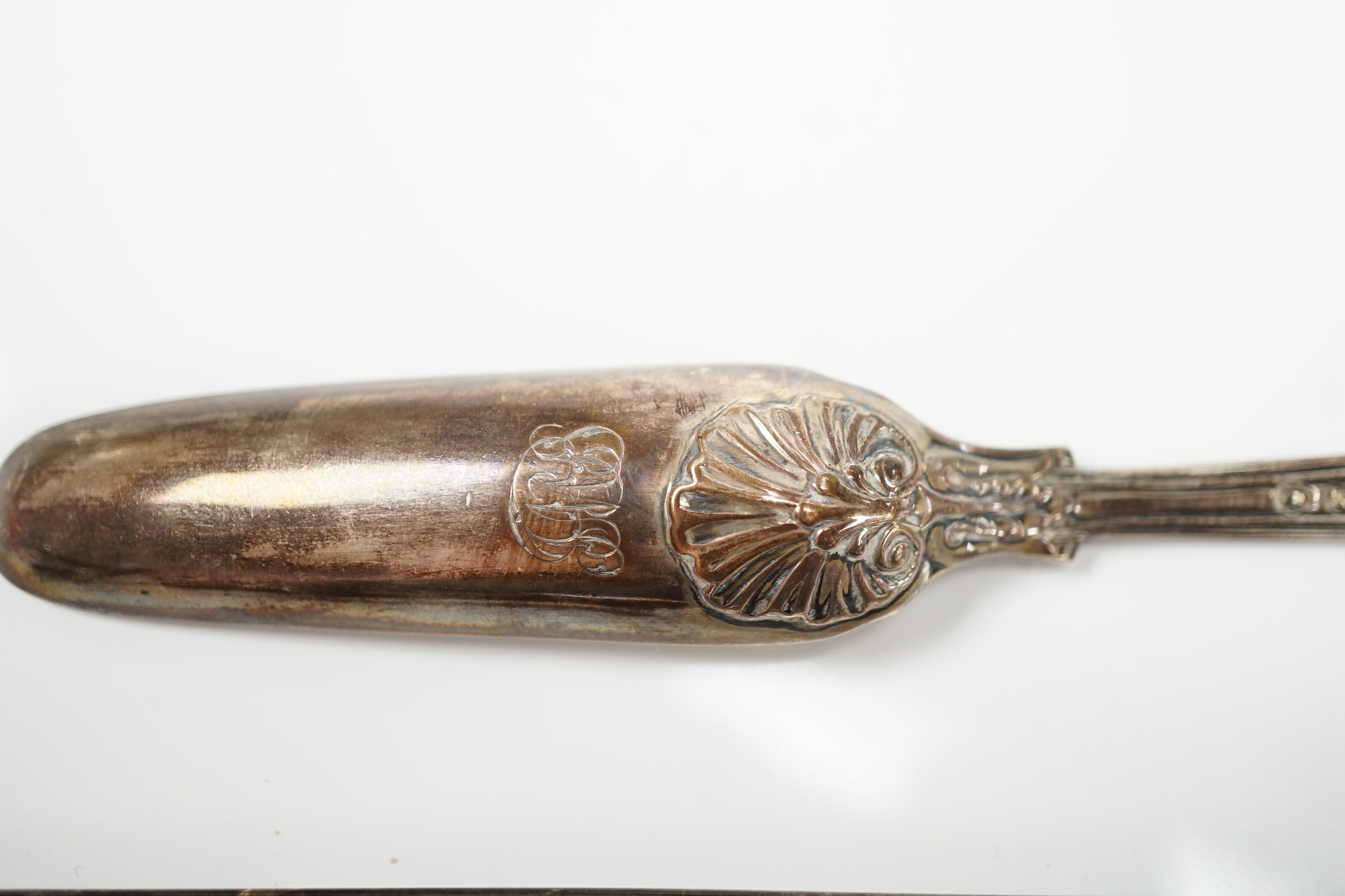 A George III silver marrow scoop, Jacob Marsh, London, 1774, 24.9cm and a George IV silver thread and shell pattern marrow scoop, William Eaton?, London, 1825.